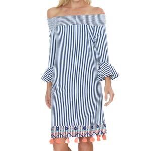 Cabana Life St Barts Off the Shoulder Dress Womens S Blue White Striped Beach